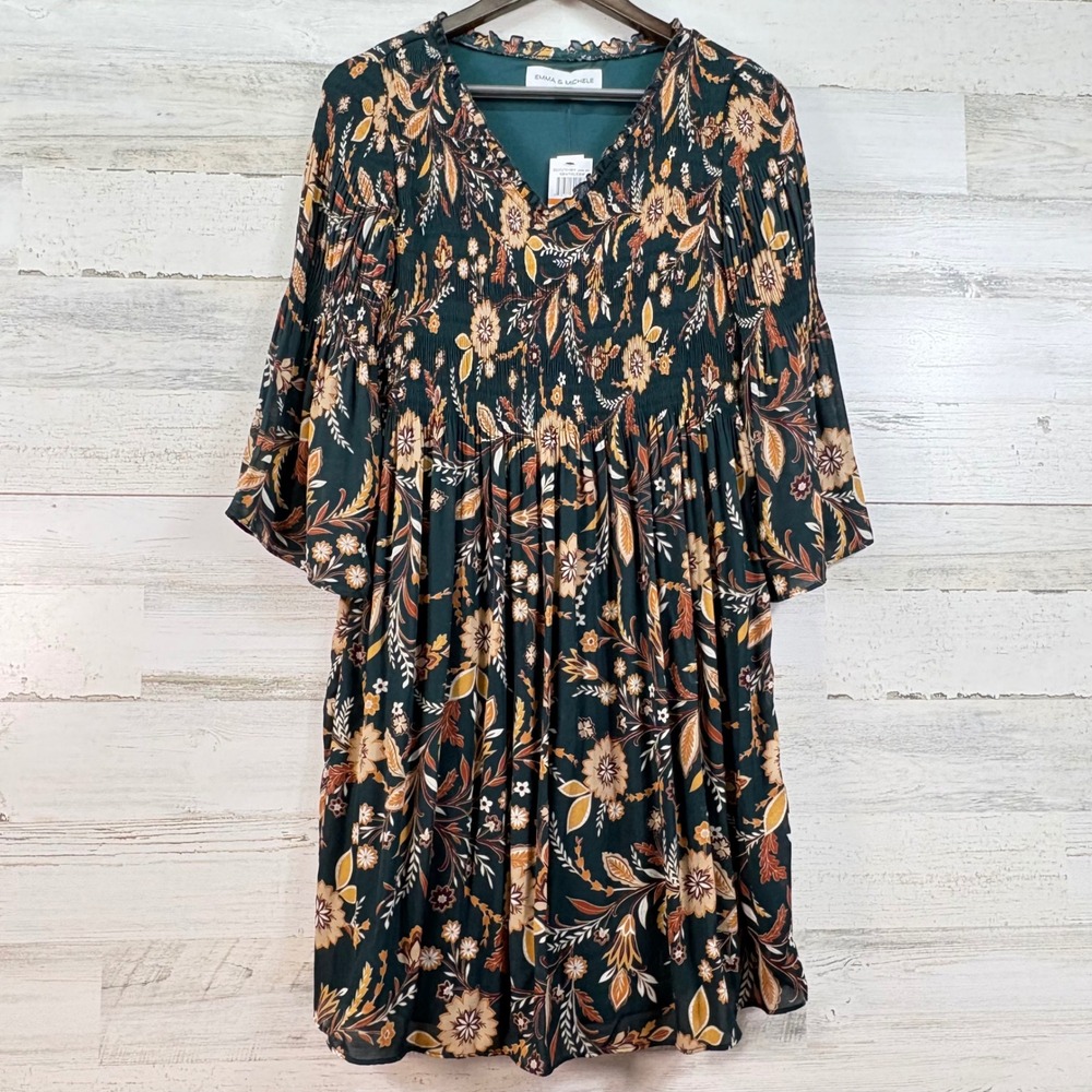 Emma & Michele Smocked Floral Bell Sleeve Ruffle Dress Green‎ Size S Boho